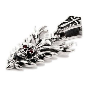 Garnet Flame Skull Sterling Silver Pendant, skull flames left angle