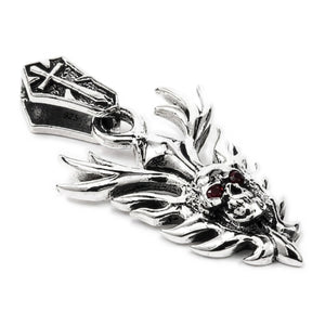 Garnet Flame Skull Sterling Silver Pendant, skull flames right angle