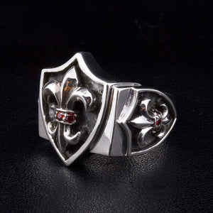 Garnet Fleur-de-Lis Shield Sterling Silver Ring, front fleur-de-lis shield detail