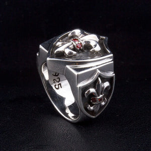 Garnet Fleur-de-Lis Shield Sterling Silver Ring, opposite raised shield shoulder