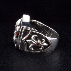 Garnet Fleur-de-Lis Shield Sterling Silver Ring, rear opening and inner band