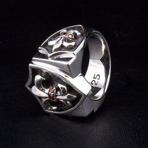 Garnet Fleur-de-Lis Shield Sterling Silver Ring, side shield and polished shoulder