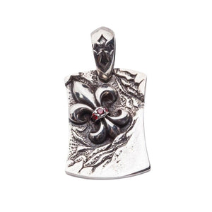 Pendentif plaque militaire fleur de lys et grenat en argent sterling .925, face fleur de lys