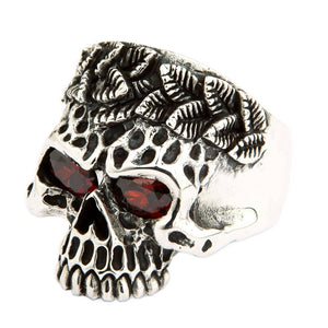 Garnet Eye Leaf Crown Sterling Silver Skull Ring, garnet skull left angle