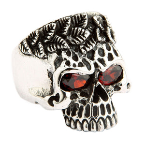 Garnet Eye Leaf Crown Sterling Silver Skull Ring, garnet skull right angle