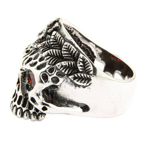 Garnet Eye Leaf Crown Sterling Silver Skull Ring, leaf crown left profile