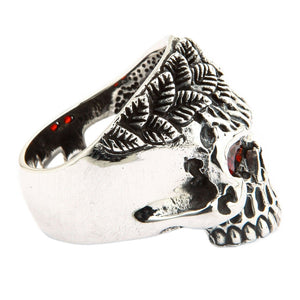 Garnet Eye Leaf Crown Sterling Silver Skull Ring, leaf crown right profile