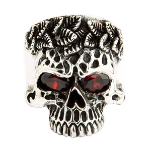 Garnet Eye Leaf Crown Sterling Silver Skull Ring, leaf crown skull front