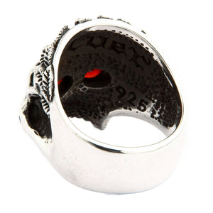 Garnet Eye Leaf Crown Sterling Silver Skull Ring, textured band interior