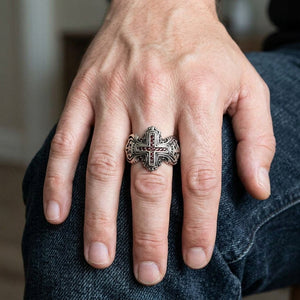 Garnet Medieval Cross Sterling Silver Ring, worn on the hand