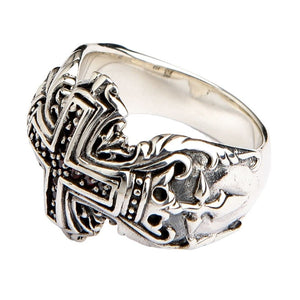 Bague croix médiévale en argent sterling et grenat, poinçon intérieur de la bague