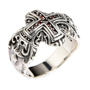 Bague croix médiévale en argent sterling et grenat, bague angle gauche
