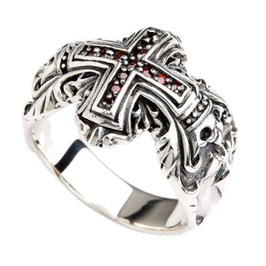 Bague croix médiévale en argent sterling et grenat, bague angle droit