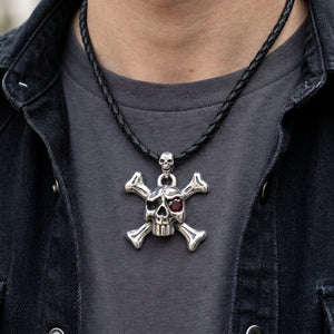 Garnet Skull Crossbones Leather Necklace, worn on black leather cord