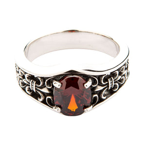 Synthetic Garnet Fleur-de-Lis Sterling Silver Ring, front red stone fleur de lis