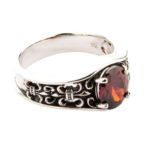 Synthetic Garnet Fleur-de-Lis Sterling Silver Ring, opposite side scrollwork