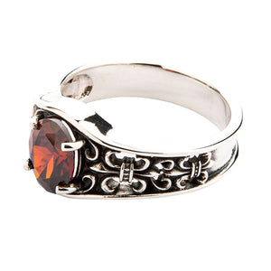 Synthetic Garnet Fleur-de-Lis Sterling Silver Ring, side scrollwork