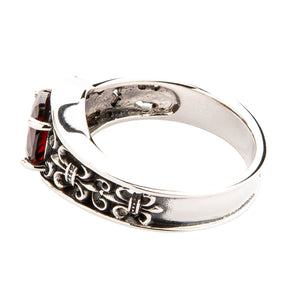 Synthetic Garnet Fleur-de-Lis Sterling Silver Ring, underside stone