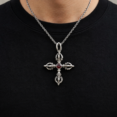 Garnet Tribal Cross Sterling Silver Pendant