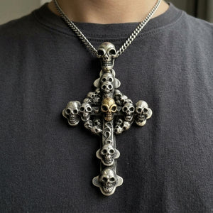 Skull Cross Pendant with Gold-Finished Center, worn at the neckline