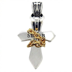 Sterling zilveren kruisketting met gouden ketting, zilverkeurmerk achterzijde