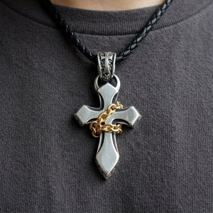 Gold Chain Cross Sterling Silver Necklace, worn chest detail