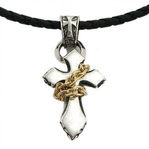 Collar con colgante de cruz de plata de ley con cadena de oro, cruz frontal con enganche para cordón