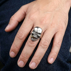 Gold-Cigar Skull Sterling Silver Biker Ring, worn on the hand
