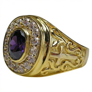 Bague d'évêque à croix plaquée or avec halo d'améthyste, vue de face sous angle et croix