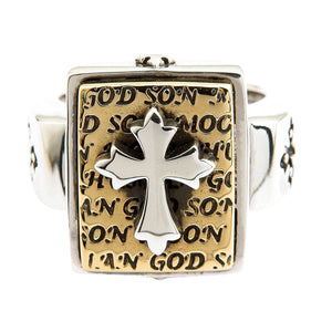 Bague en argent sterling 925 à croix des Écritures plaquée or, face droite de la croix et panneau doré gravé