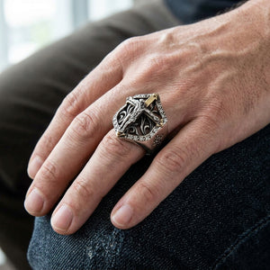 Gold Crucifix Shield Sterling Silver Ring, worn on the hand