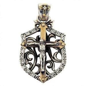 Ciondolo a scudo in argento sterling con crocifisso dorato — vista frontale