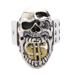 Bague tête de mort avec signe dollar doré en argent sterling, face de la bague tête de mort dollar
