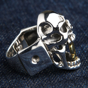 Bague tête de mort avec signe dollar doré en argent sterling, bague angle arrière