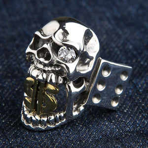 Bague tête de mort avec signe dollar doré en argent sterling, bague trois quarts gauche