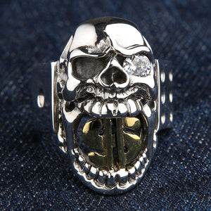 Bague tête de mort avec signe dollar doré en argent sterling, bague trois quarts droite
