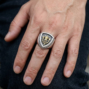 Gold Fleur-de-Lis Sterling Silver Ring, worn on the hand