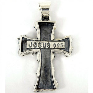 Gotisk krusifiks-anheng i sterlingsølv med gullfarget Jesus, visning av stempel på baksiden