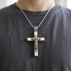 Gold-Plated Jesus Sterling Silver Crucifix Pendant, worn chest detail