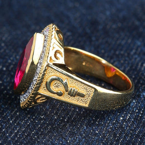 Gold-Plated Red CZ Crozier Bishop Ring. Gold crozier left profile.