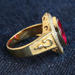Gold-Plated Red CZ Crozier Bishop Ring. Gold crozier right profile.