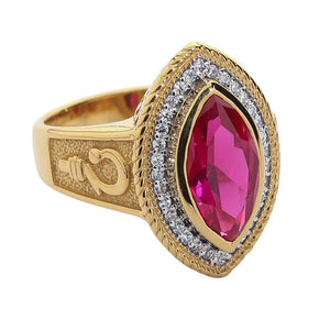 Gold-Plated Red CZ Crozier Bishop Ring. Gold halo white background.