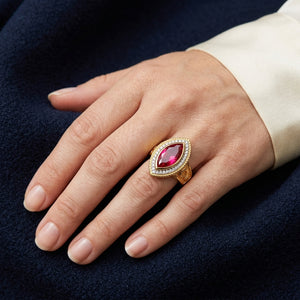 Gold-Plated Red CZ Crozier Bishop Ring worn on an adult hand.