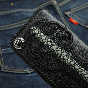 Gothic Cross Stingray Leather Biker Wallet, stingray cross inlay close up