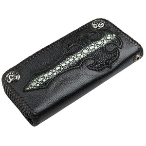 Gothic Cross Stingray Leather Biker Wallet, stingray cross wallet front angle