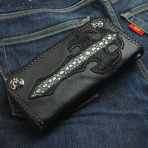 Gothic Cross Stingray Leather Biker Wallet, wallet front angle on denim