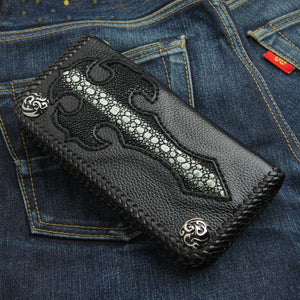 Gothic Cross Stingray Leather Biker Wallet, wallet front on denim