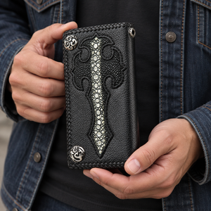 Gothic cross stingray leather wallet held upright, with a small grommet beside the top braided edge