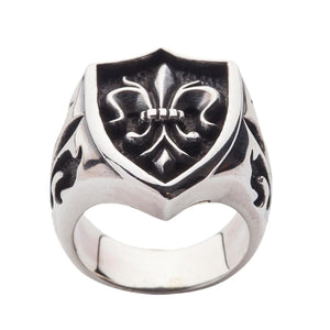 Bague bouclier fleur de lys gothique en argent sterling, poinçon à l'intérieur de la bague