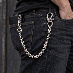 Tribal Gothic Sterling Silver Wallet Chain, shown in use at realistic scale